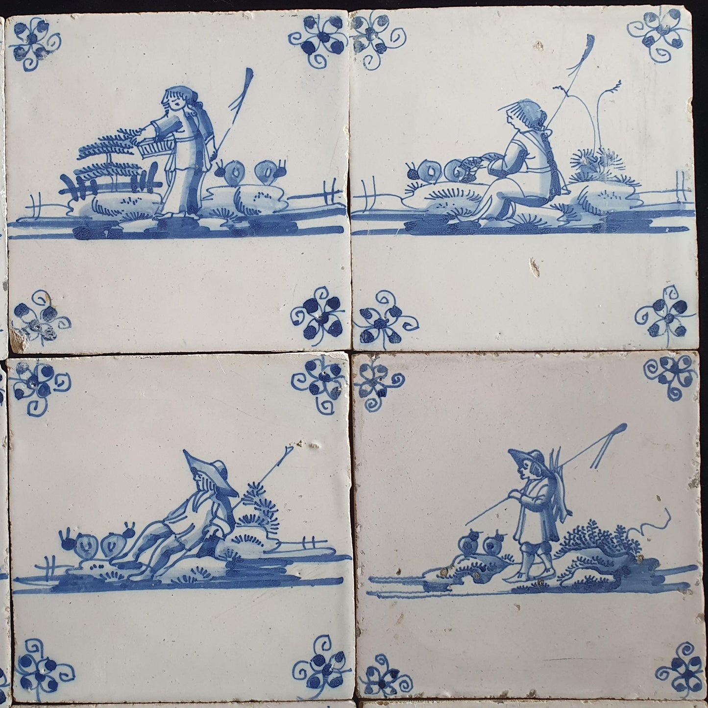 Antique Delft Tiles, 18th Century Dutch Shepherd Scene, Set of 9