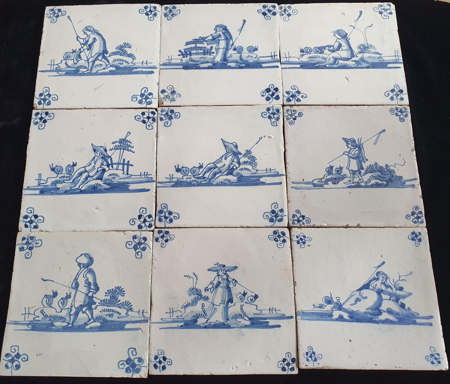 Antique Delft Tiles, 18th Century Dutch Shepherd Scene, Set of 9