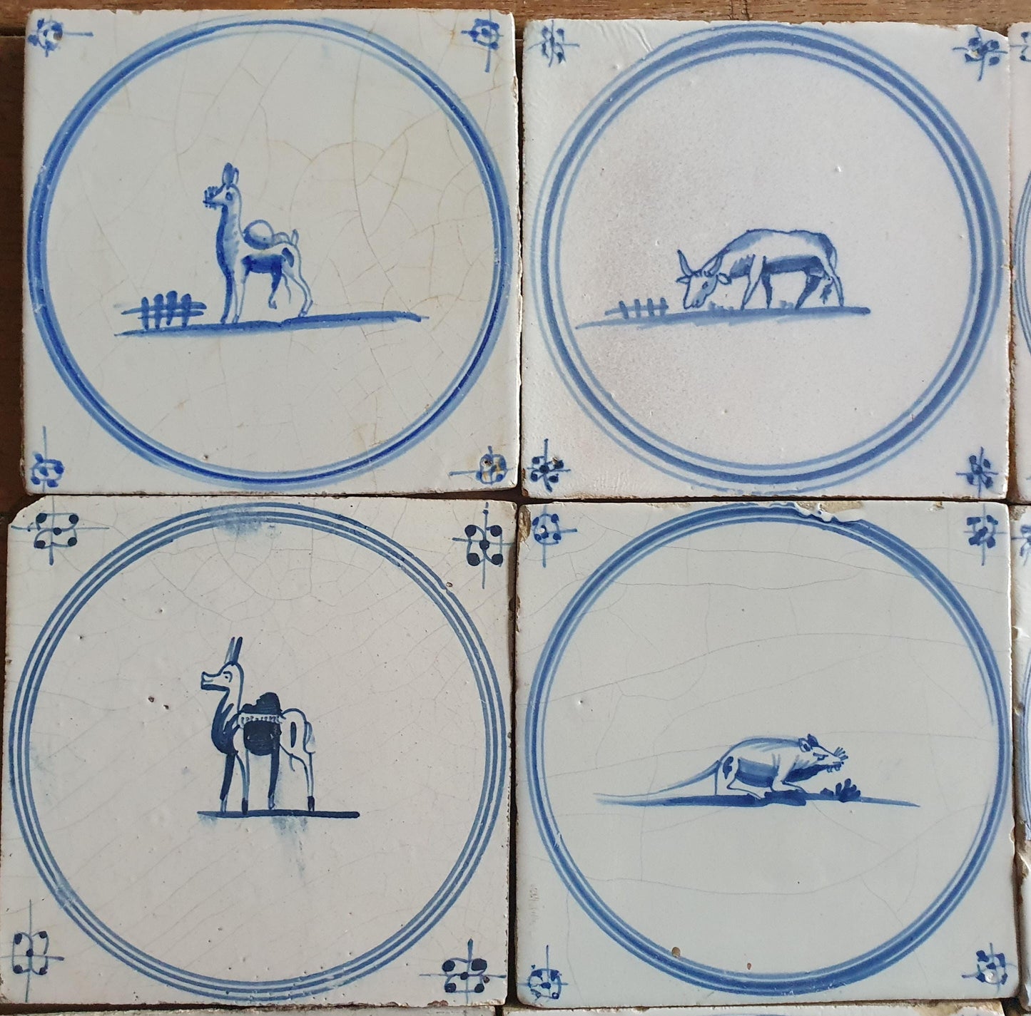 Antique Delft Tiles, 18th Century Dutch Animal Motifs, Set of 9 circle springer