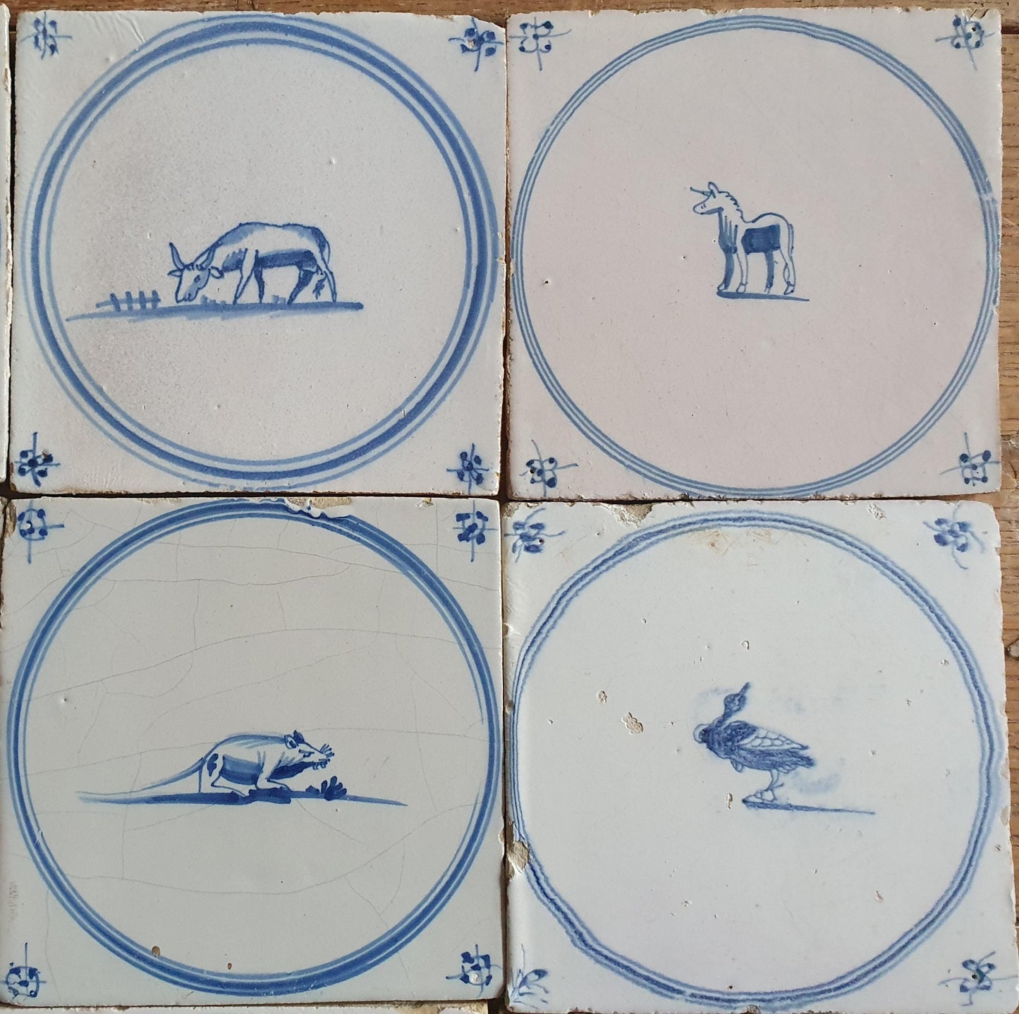 Antique Delft Tiles, 18th Century Dutch Animal Motifs, Set of 9 circle springer
