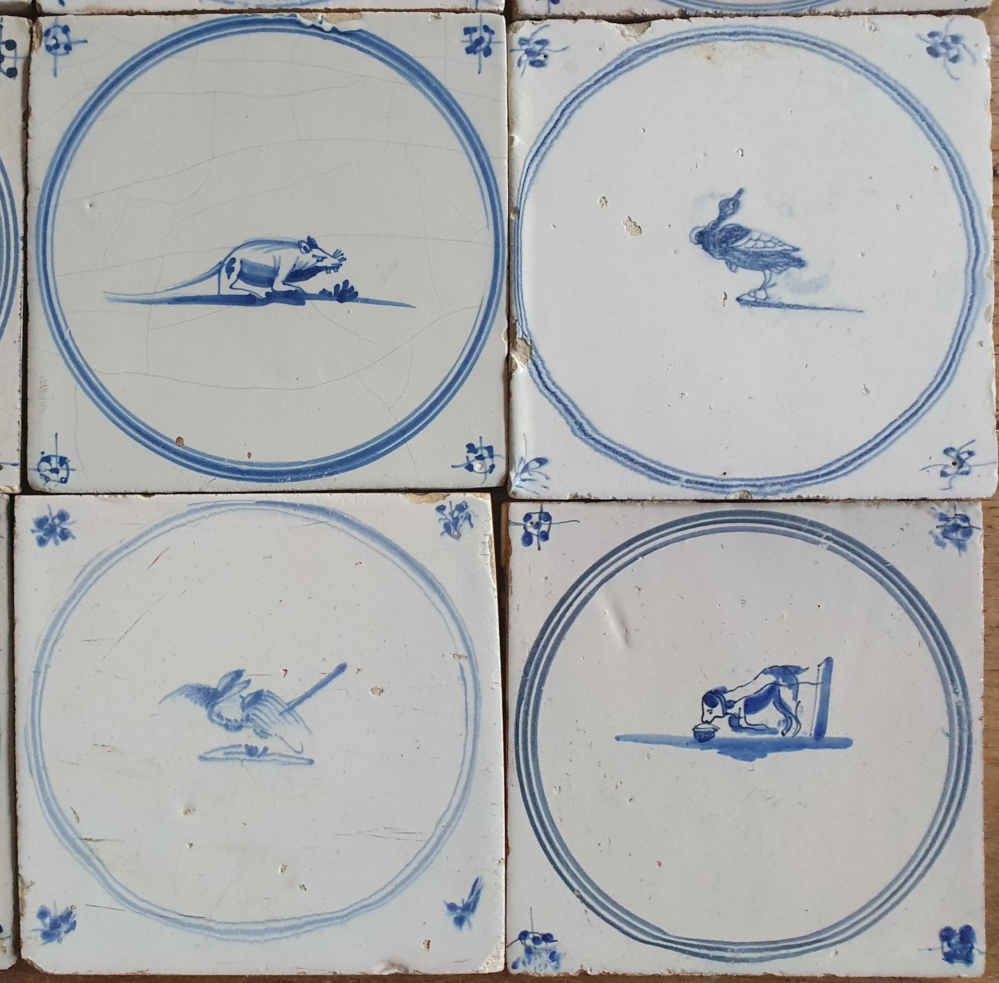 Antique Delft Tiles, 18th Century Dutch Animal Motifs, Set of 9 circle springer