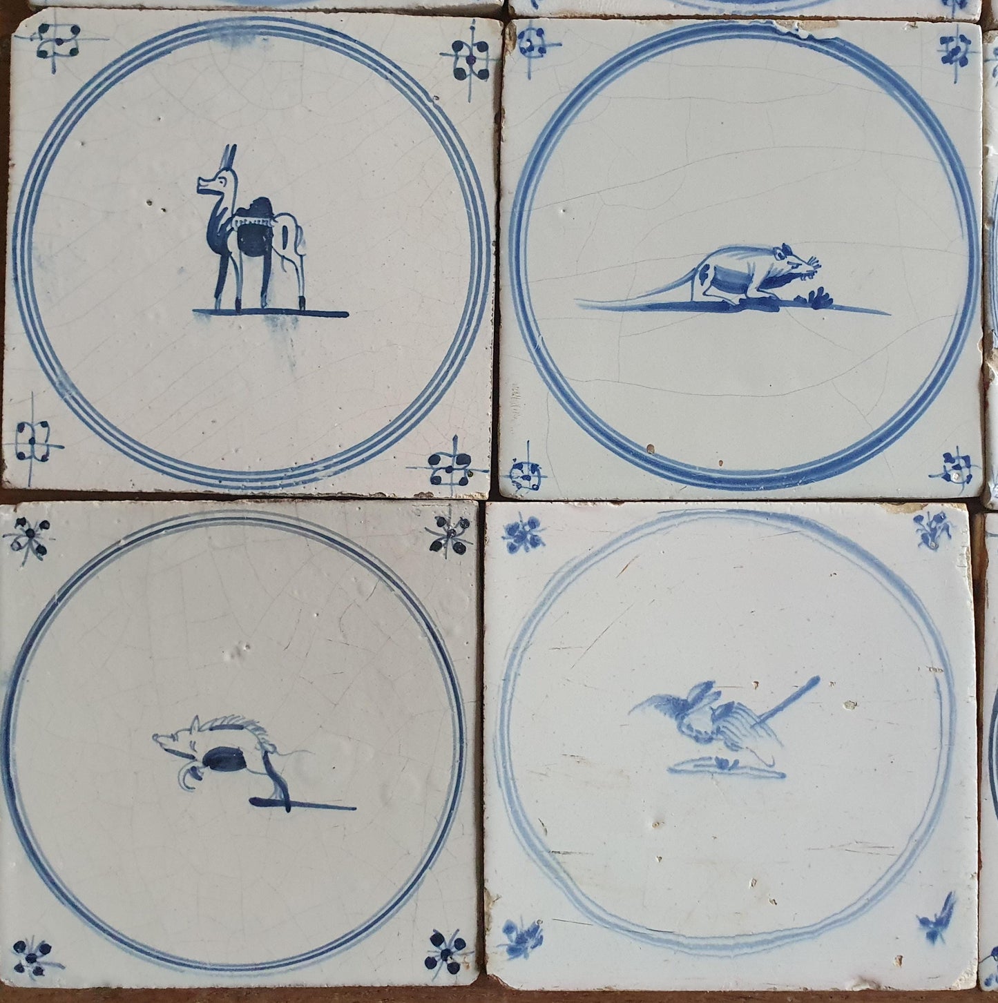 Antique Delft Tiles, 18th Century Dutch Animal Motifs, Set of 9 circle springer