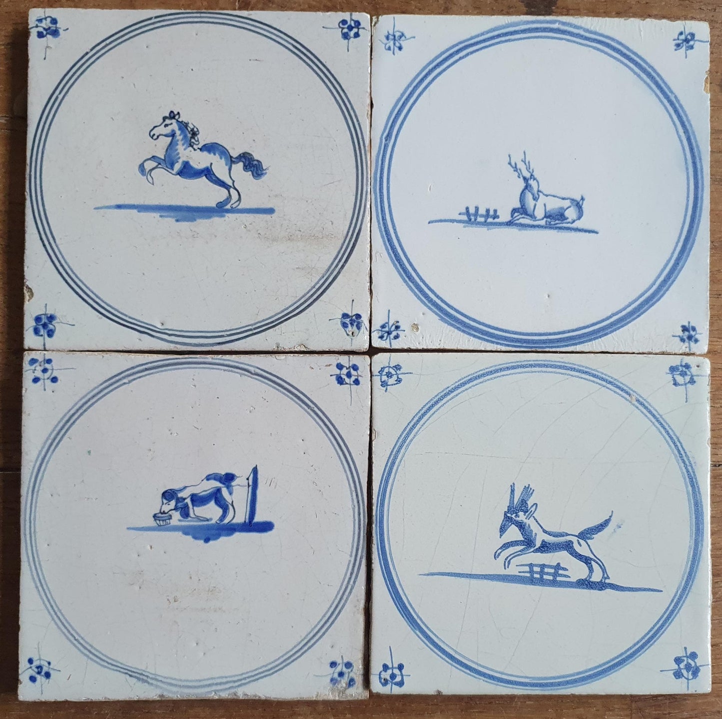Antique Delft Tiles, 18th Century Dutch Animal Motifs, Set of 4