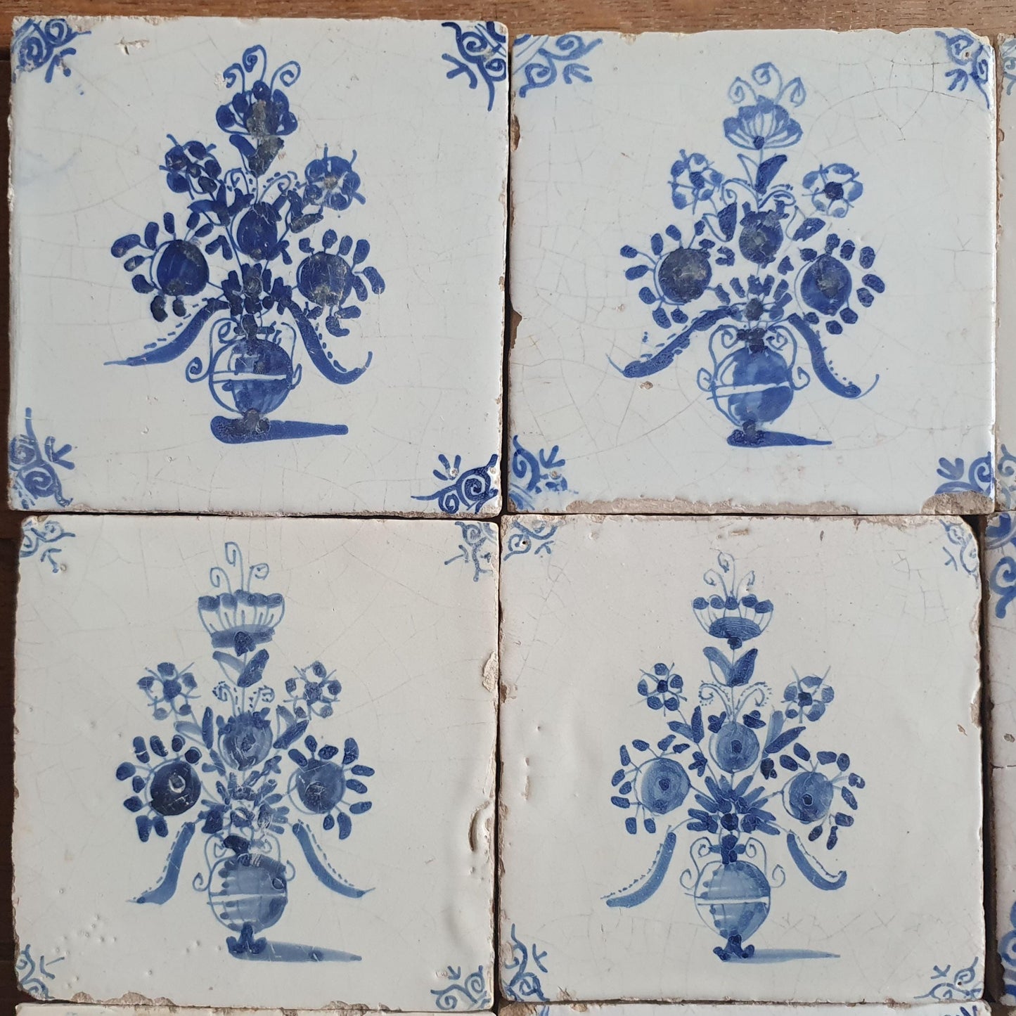 Antique Delft Tulip Flowerpot, 17th Century Dutch Wall Decor, tilepanel Set of 9