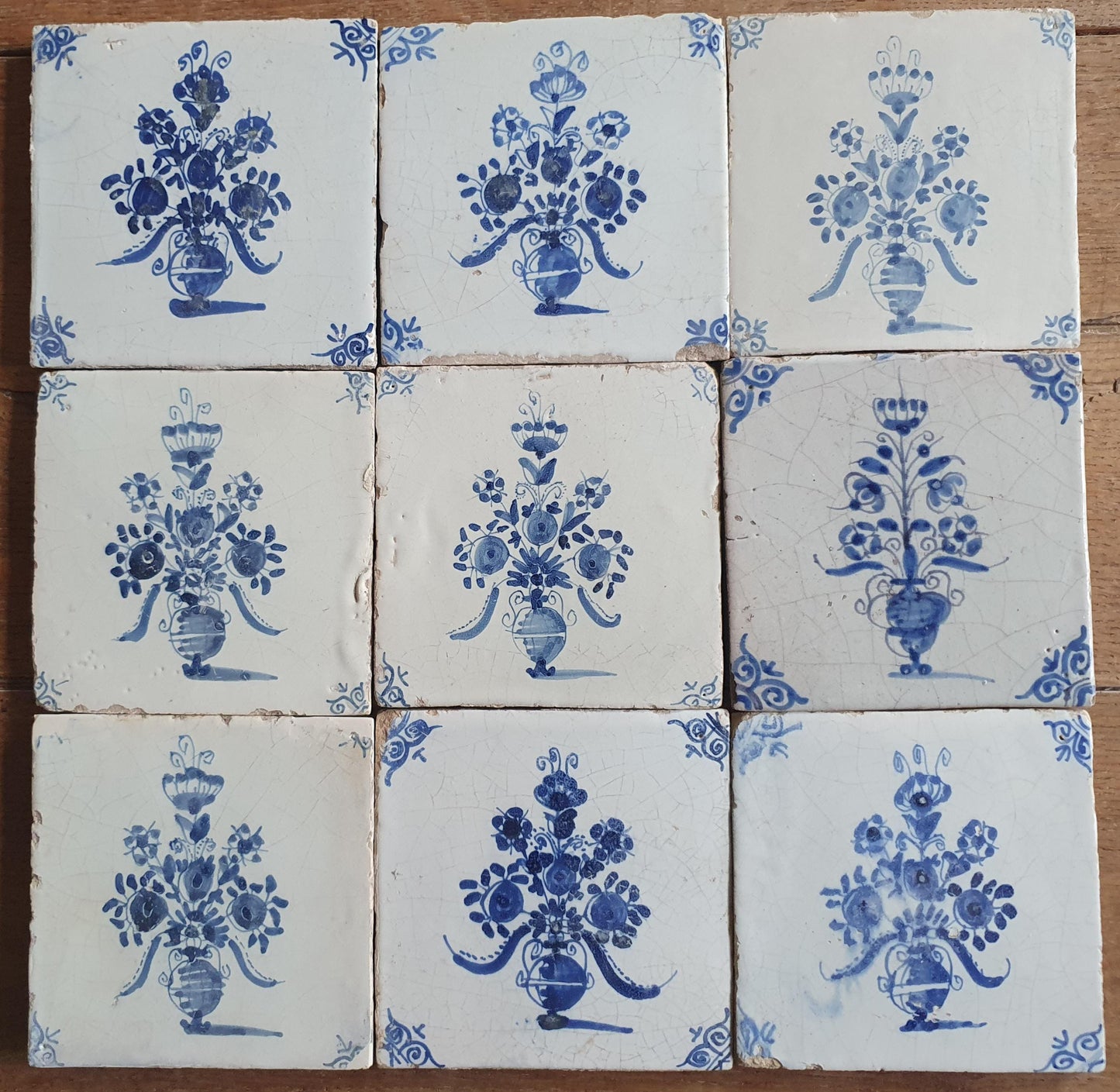 Antique Delft Tulip Flowerpot, 17th Century Dutch Wall Decor, tilepanel Set of 9