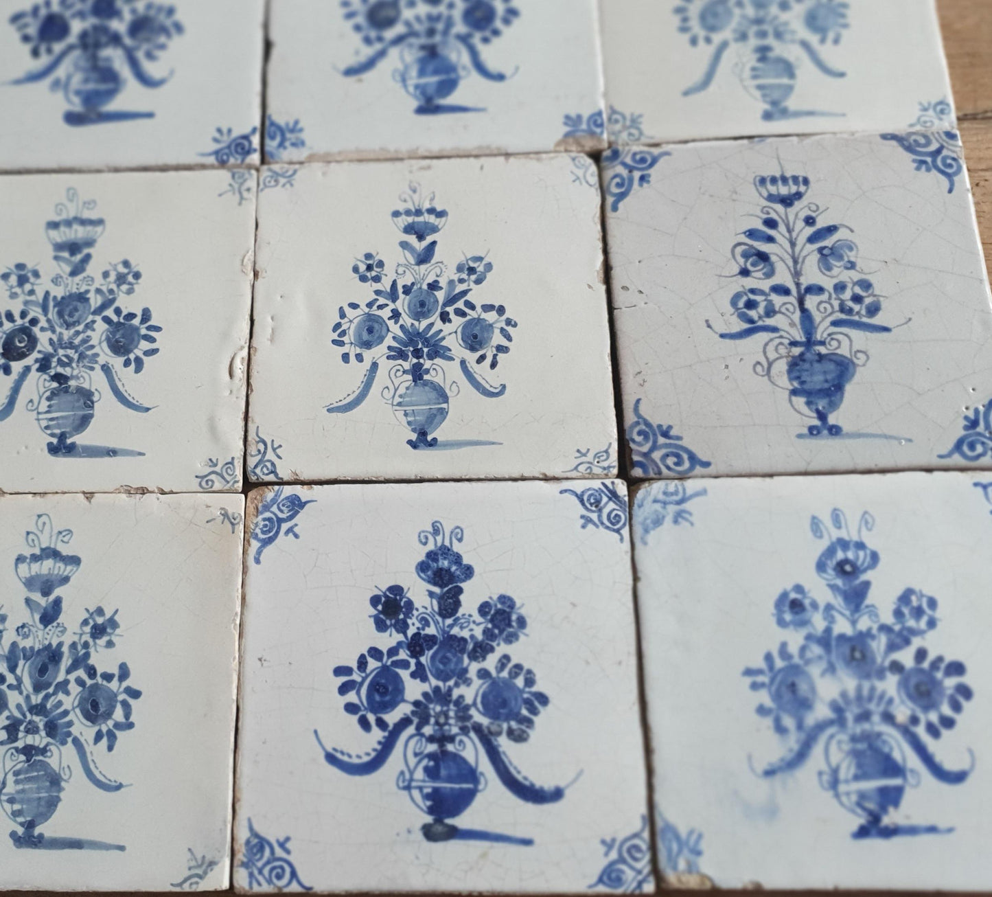 Antique Delft Tulip Flowerpot, 17th Century Dutch Wall Decor, tilepanel Set of 9