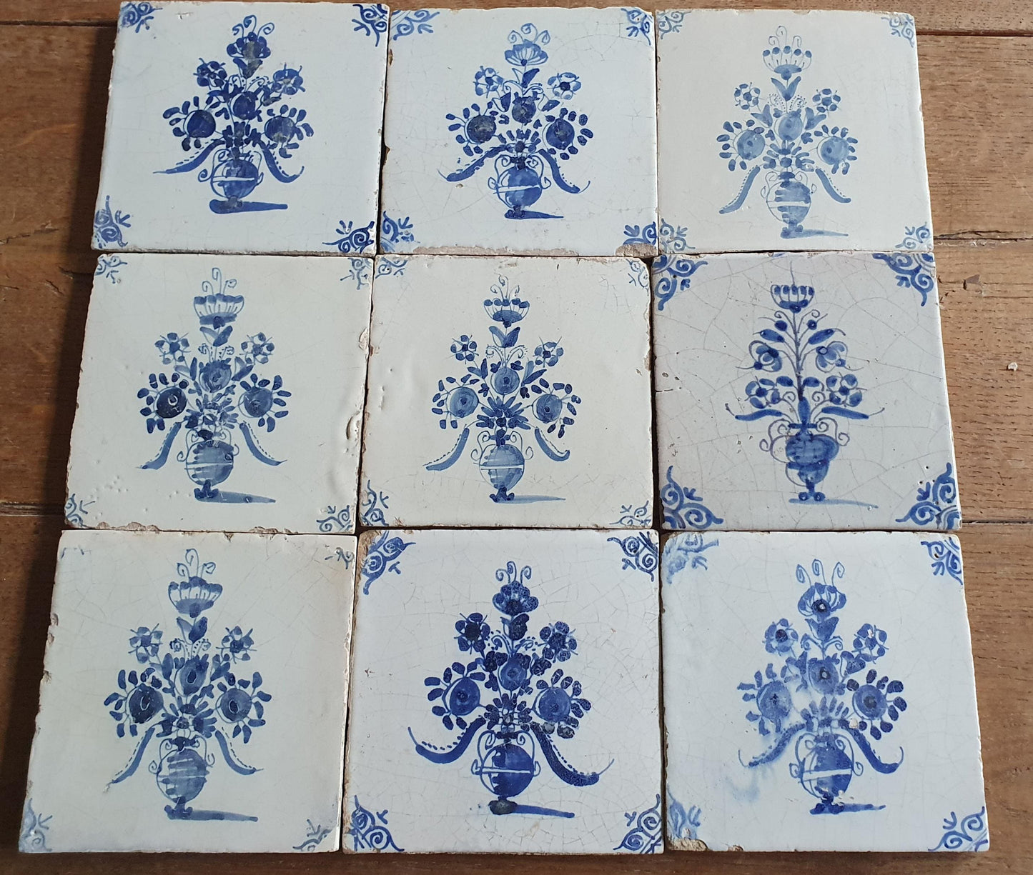 Antique Delft Tulip Flowerpot, 17th Century Dutch Wall Decor, tilepanel Set of 9