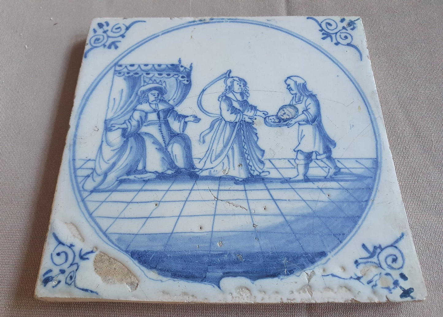 Antique Delft Blue Tile, Biblical Scene, Oxhead Corner Motif, 1760