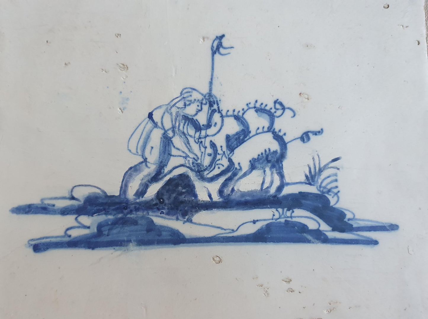 Antique Delft Blue Tile, Biblical Scene, Oxhead Corner Motif, 1720