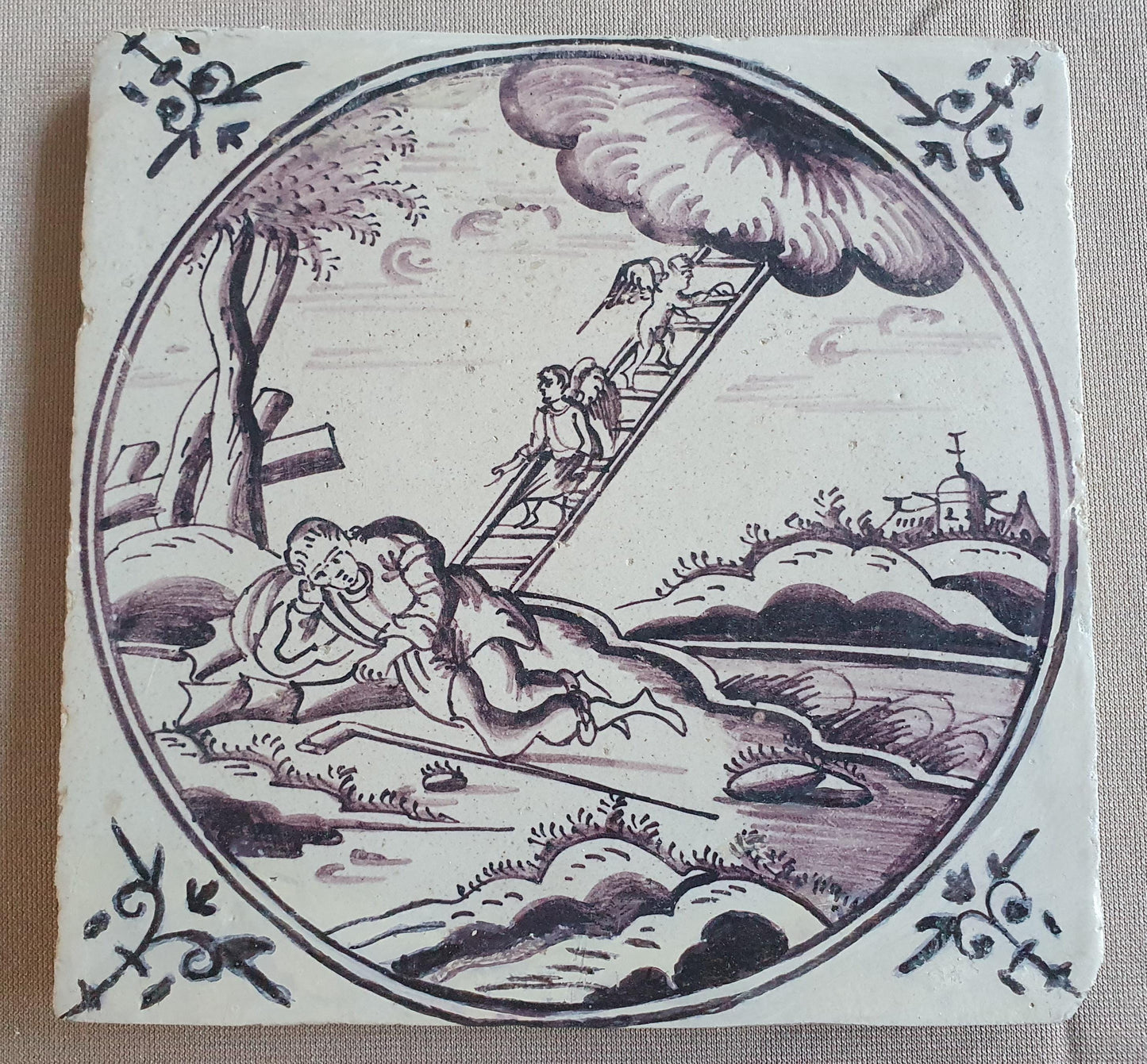Antique Delft mangaan tile, Biblical Scene, Oxhead Corner Motif, 18th