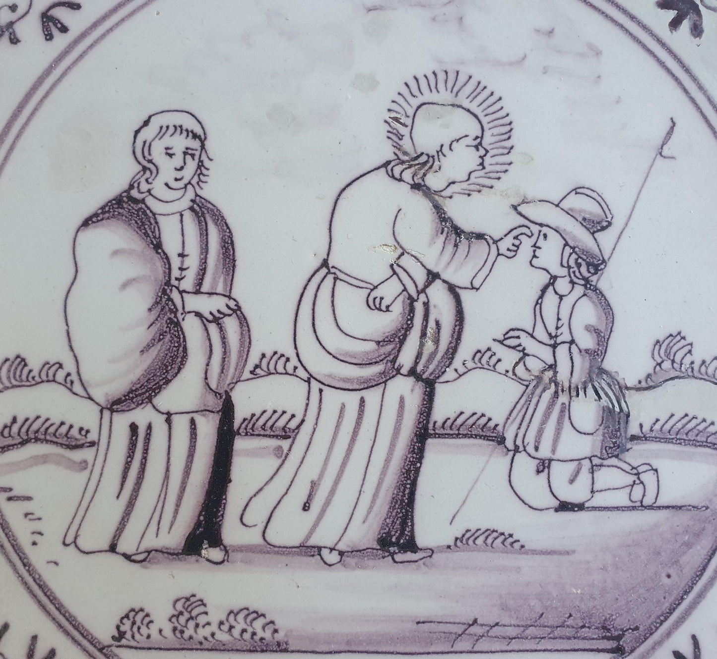 Antique Delft mangaan tile, Biblical Scene, Oxhead Corner Motif, 18th