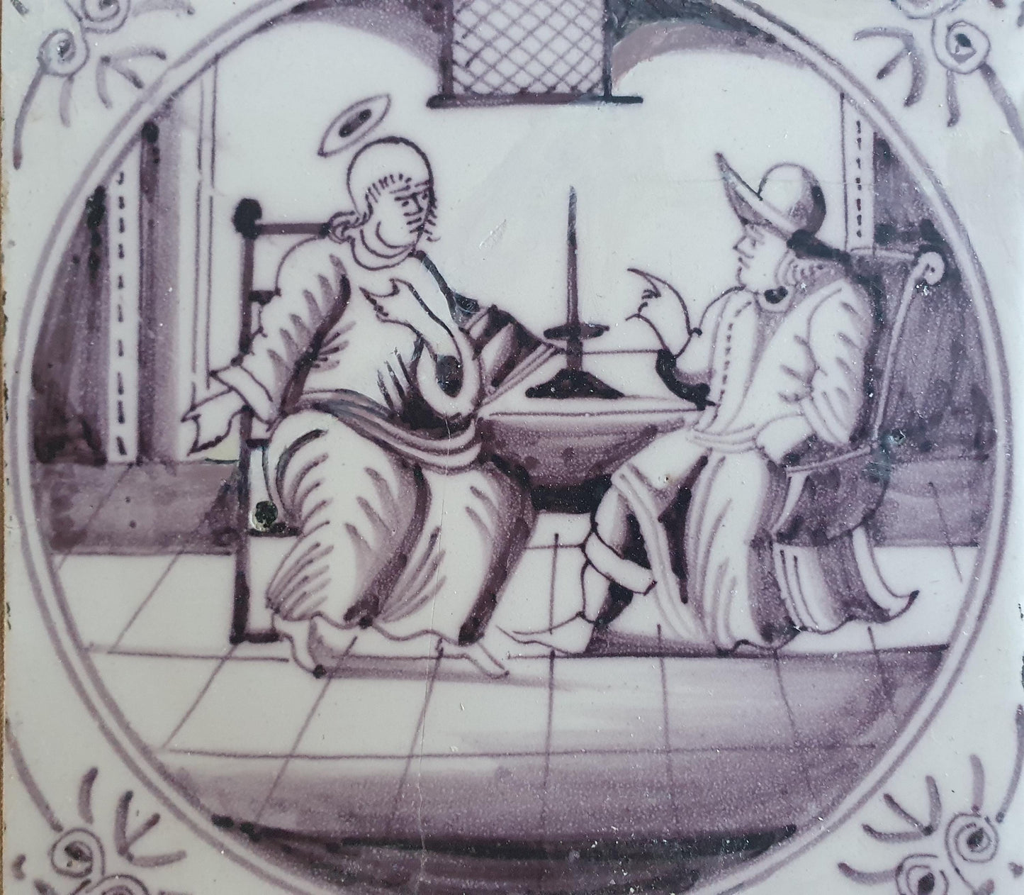 Antique Delft mangaan tile, Biblical Scene, Oxhead Corner Motif, 18th
