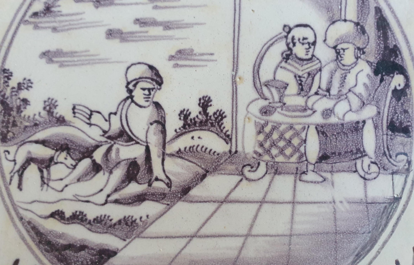 Antique Delft mangaan tile, Biblical Scene, Oxhead Corner Motif, 18th