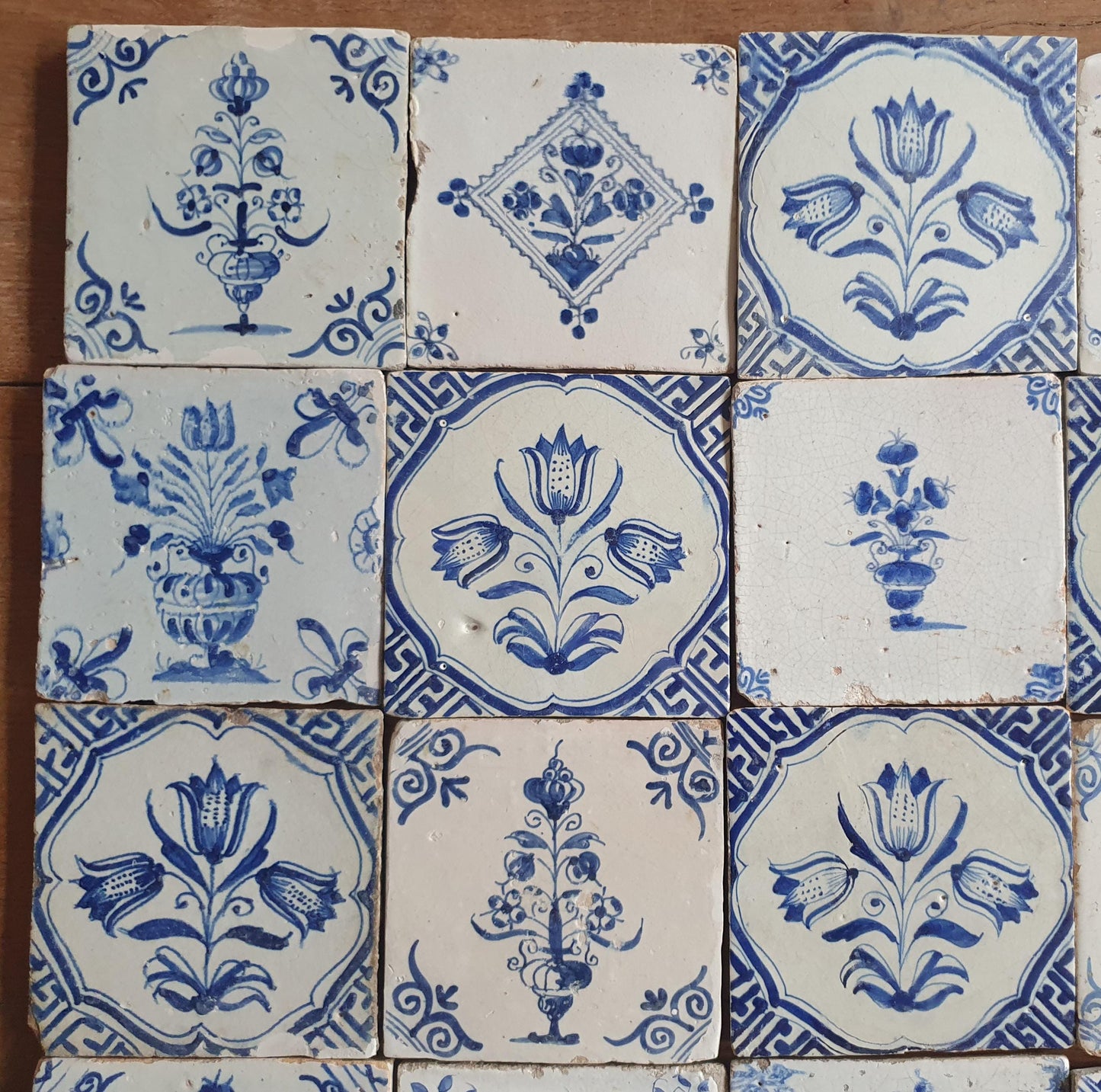Set of 30 Antique Delft Tiles, 17th Century Dutch Tulip Vase