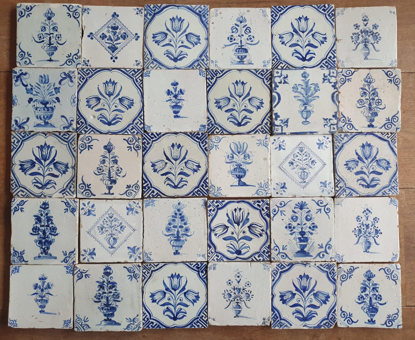 Set of 30 Antique Delft Tiles, 17th Century Dutch Tulip Vase