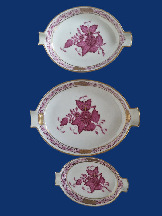 Herend Apponyi Red Ashtrays Set, Hand-Painted Porcelain Dish, Vintage Hungary Servies