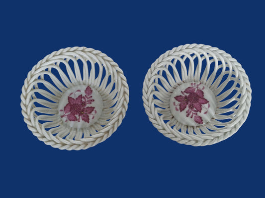Set of 2 Herend Hungary Openwork Baskets, Apponyi Red Floral Design