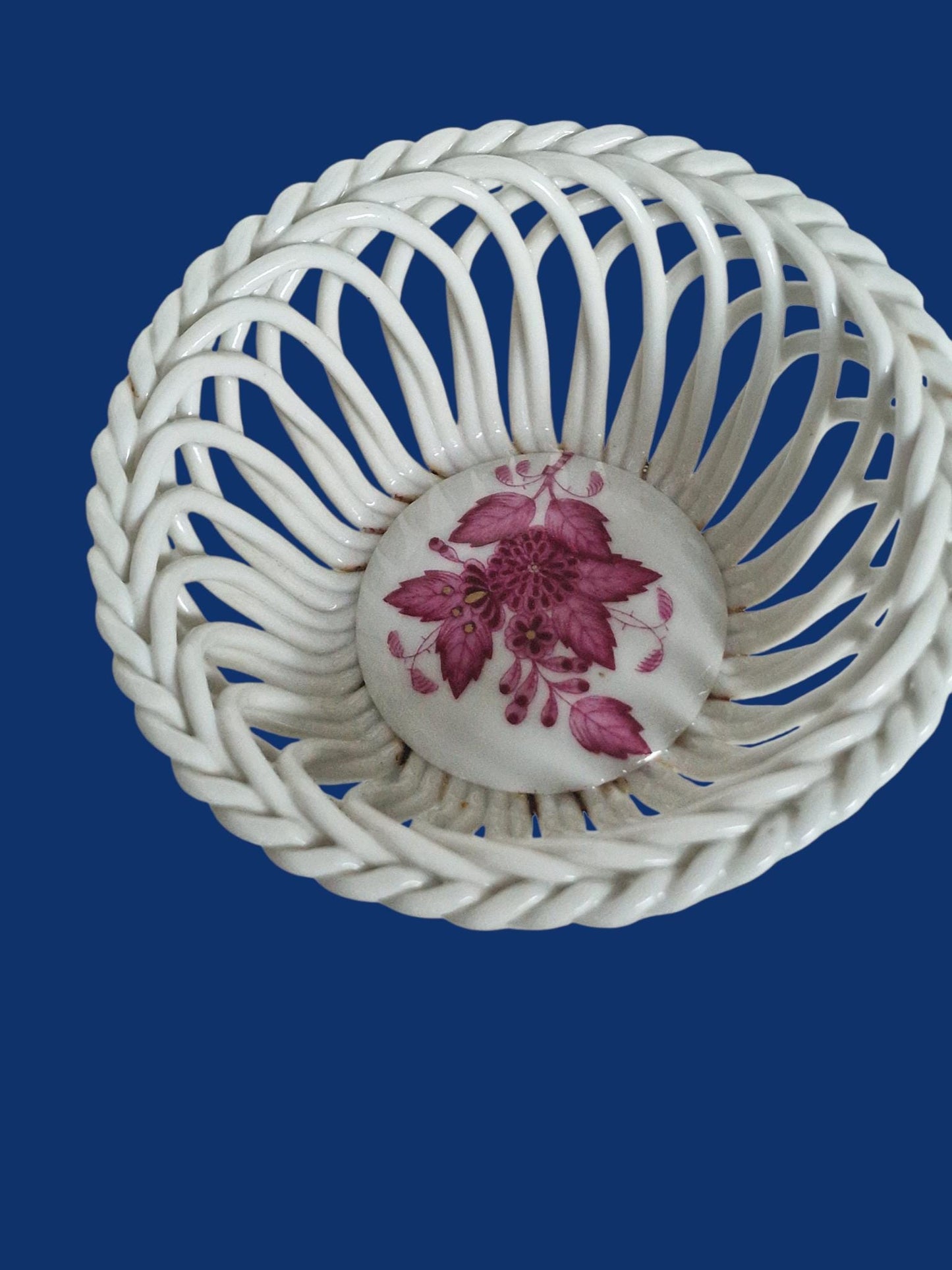 Set of 2 Herend Hungary Openwork Baskets, Apponyi Red Floral Design