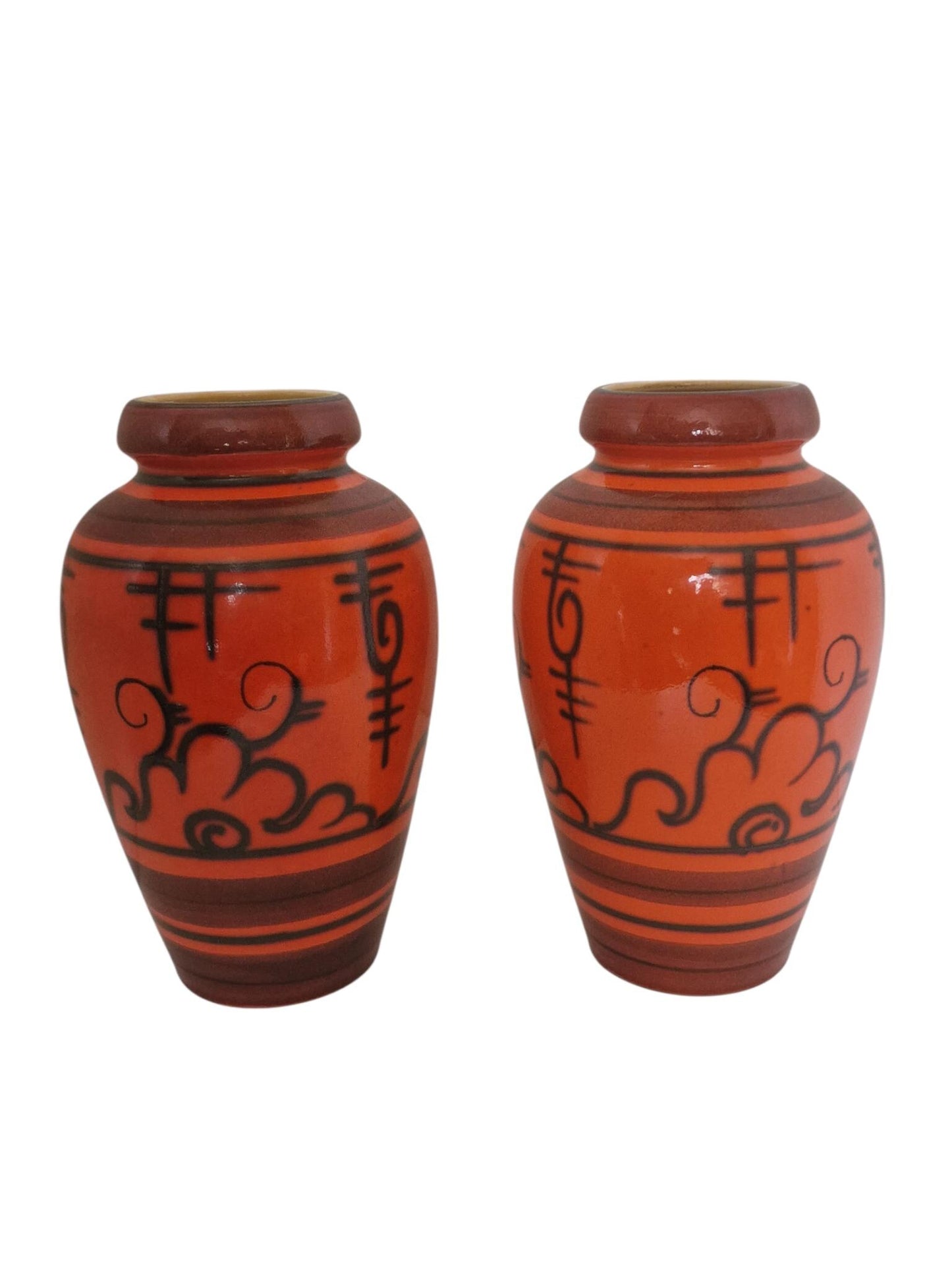 Set XL baluster Vases, Dutch pottery handpainted orange vases, Flora Tokio Gouda, 30 cm