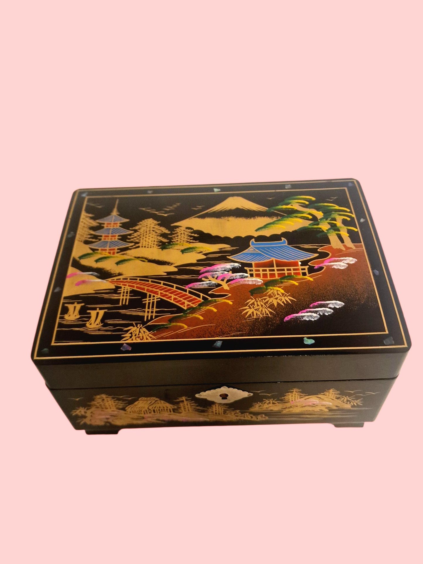 Vintage Handpainted Lacquer Jewelry Box, Asian Scene, Plays Tchaikovsky's Swan Lake