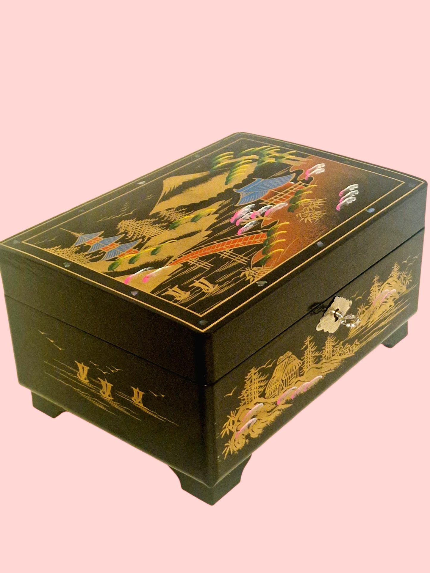 Vintage Handpainted Lacquer Jewelry Box, Asian Scene, Plays Tchaikovsky's Swan Lake