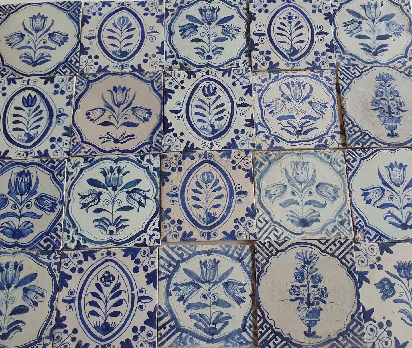 Antique Delft Tulip Tiles, 17th Century Dutch Wall Decor, Set of 20