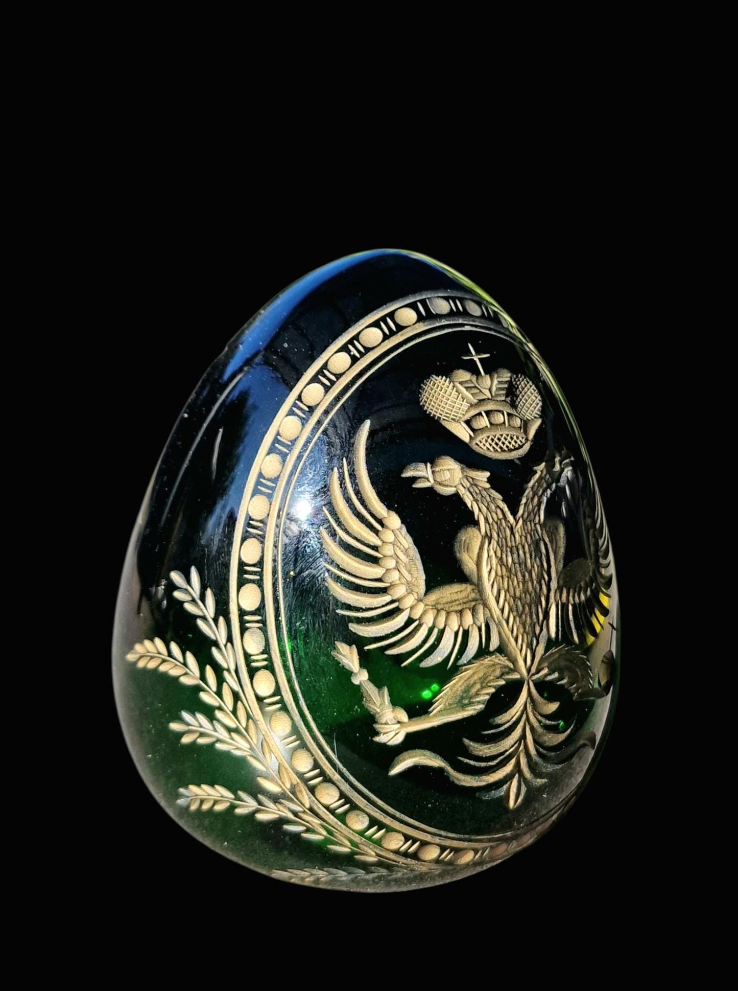 Fabergé Emerald Crystal Egg, Double Eagle Gilded Symbol, Etched Lead Crystal (Collector Item)