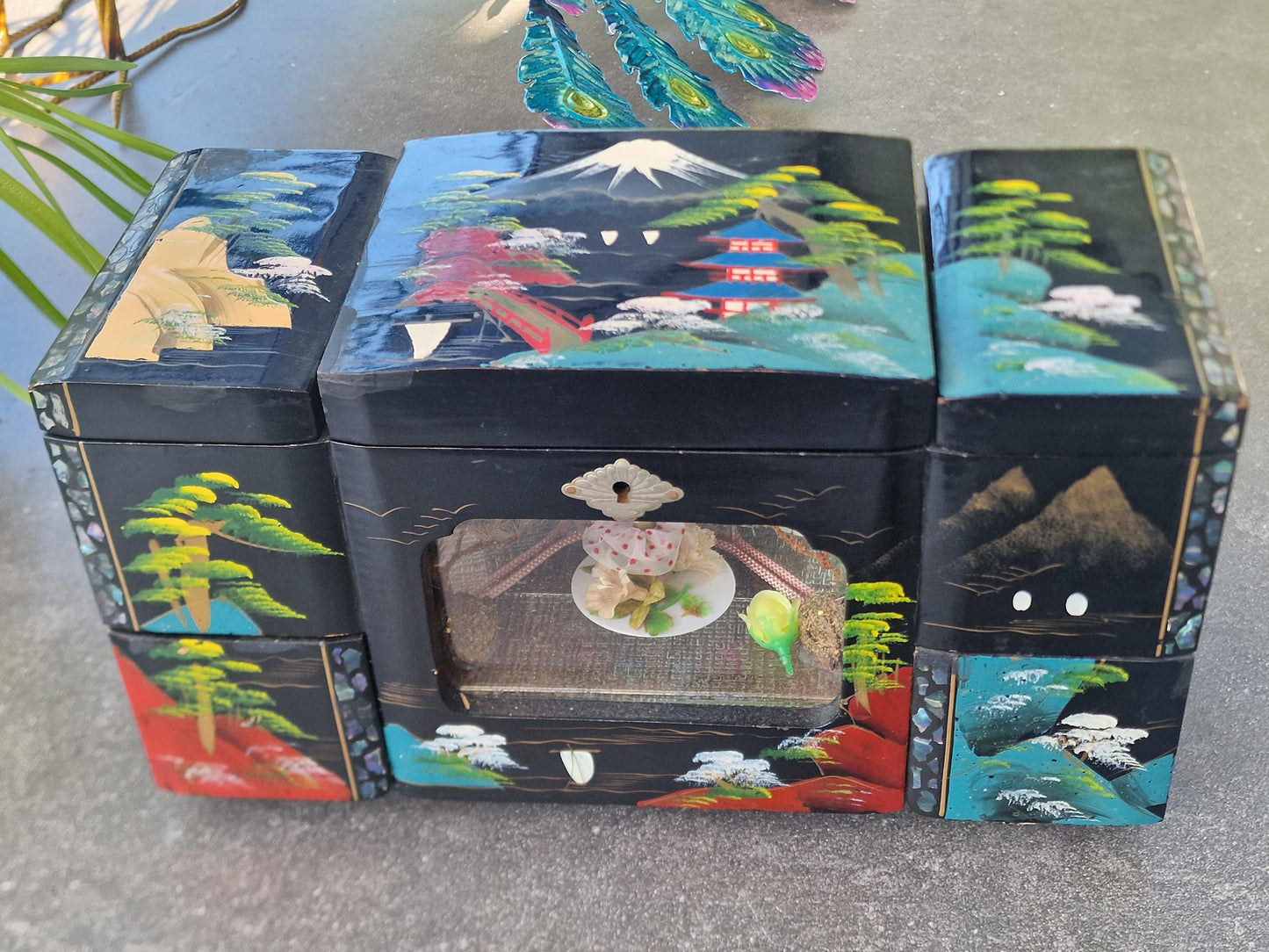XXL Vintage Lacquered Musical Jewelry Box, 3D Cabinet Ballerina, Key Included chinese japanese