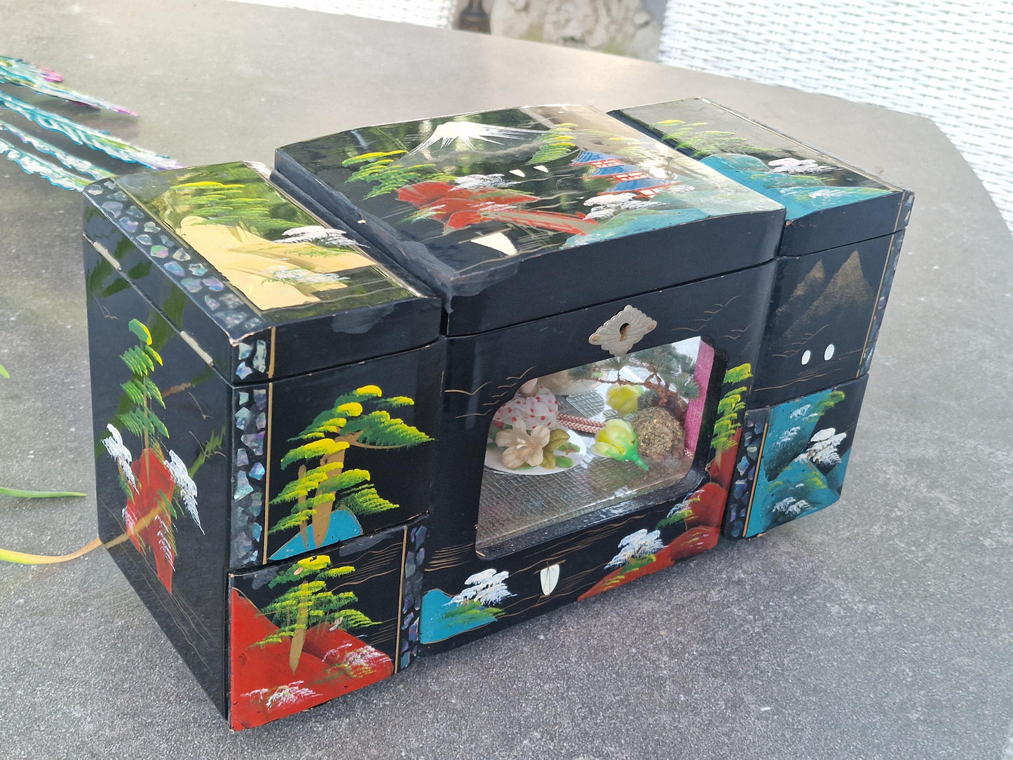 XXL Vintage Lacquered Musical Jewelry Box, 3D Cabinet Ballerina, Key Included chinese japanese