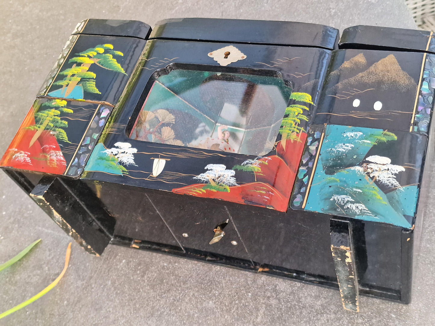 XXL Vintage Lacquered Musical Jewelry Box, 3D Cabinet Ballerina, Key Included chinese japanese