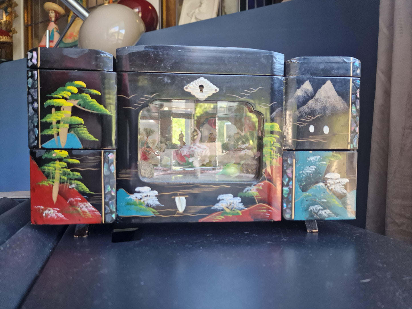 XXL Vintage Lacquered Musical Jewelry Box, 3D Cabinet Ballerina, Key Included chinese japanese
