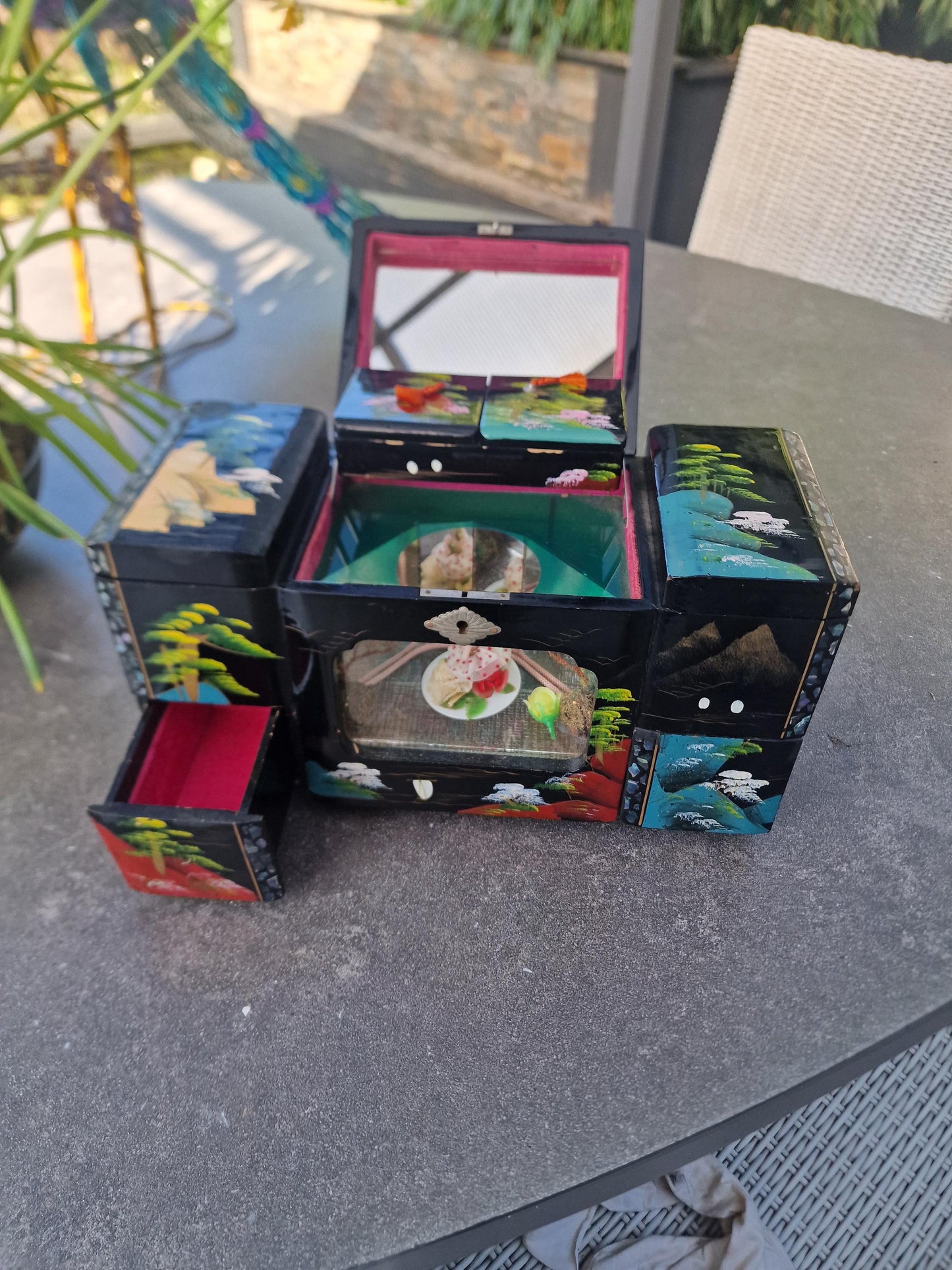 XXL Vintage Lacquered Musical Jewelry Box, 3D Cabinet Ballerina, Key Included chinese japanese