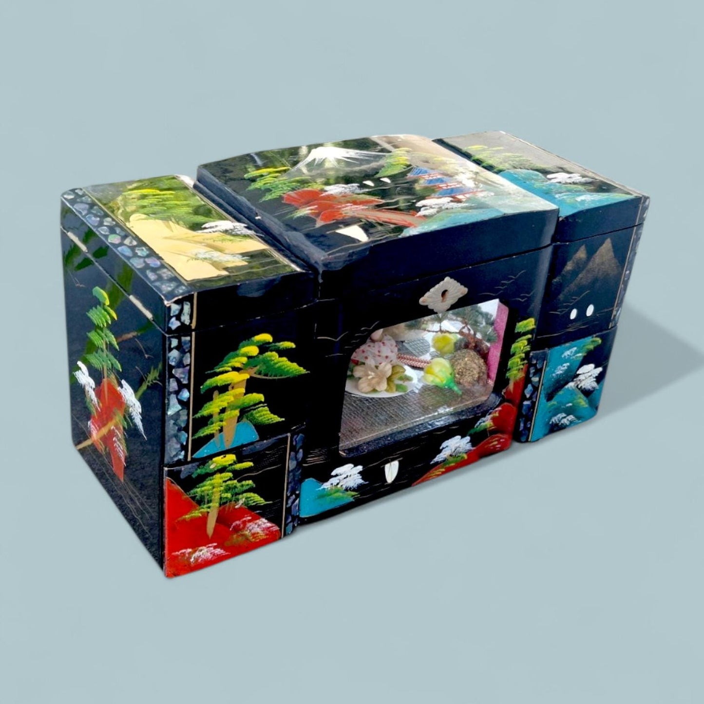 XXL Vintage Lacquered Musical Jewelry Box, 3D Cabinet Ballerina, Key Included chinese japanese