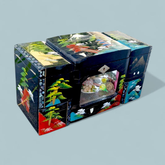 XXL Vintage Lacquered Musical Jewelry Box, 3D Cabinet Ballerina, Key Included chinese japanese
