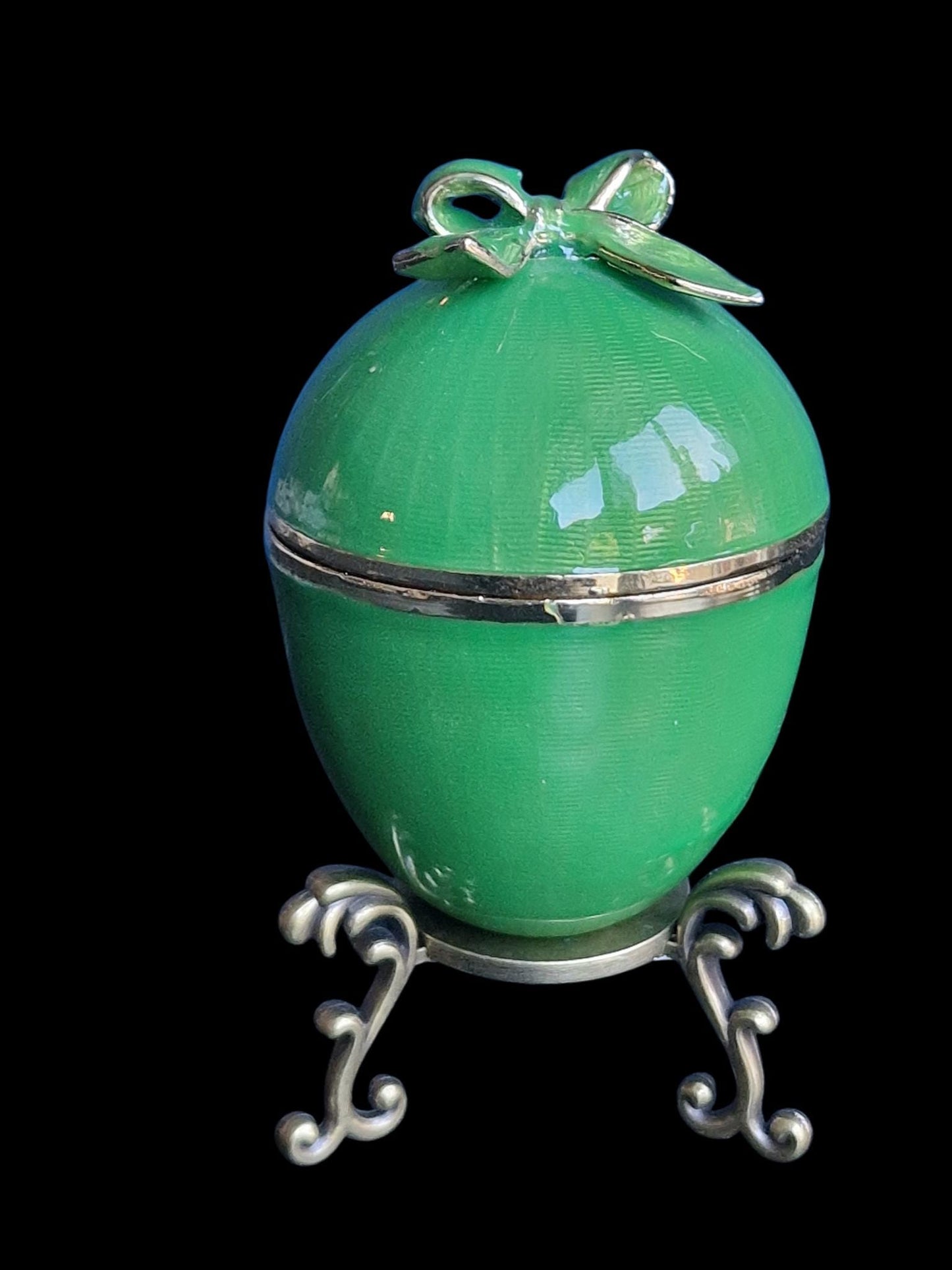 Guilloche Egg old vintage emerald green Trinket Box on stand. Inside ornament