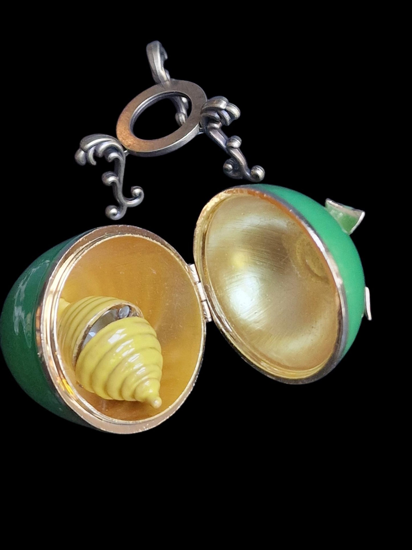 Guilloche Egg old vintage emerald green Trinket Box on stand. Inside ornament