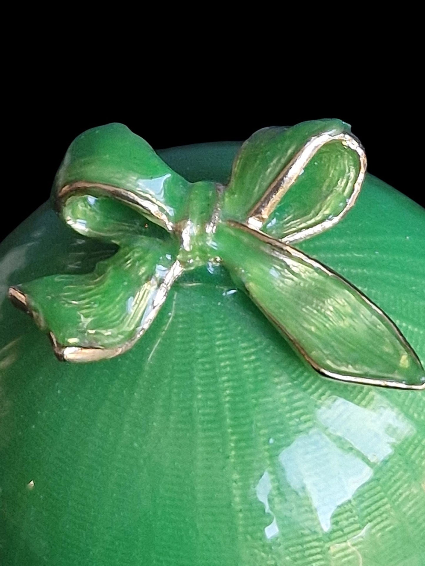 Guilloche Egg old vintage emerald green Trinket Box on stand. Inside ornament
