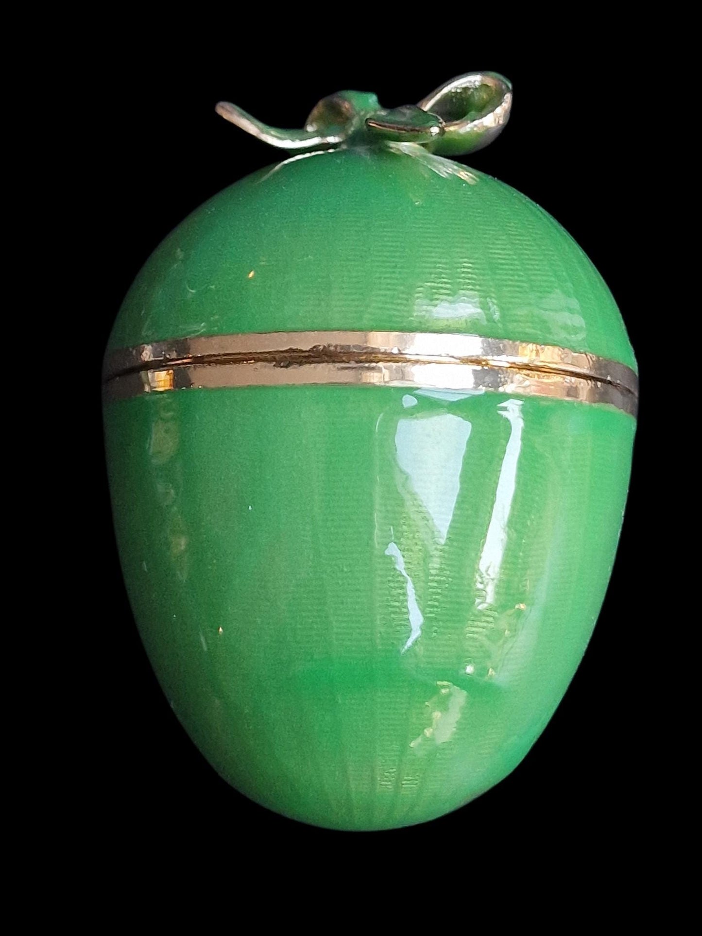 Guilloche Egg old vintage emerald green Trinket Box on stand. Inside ornament