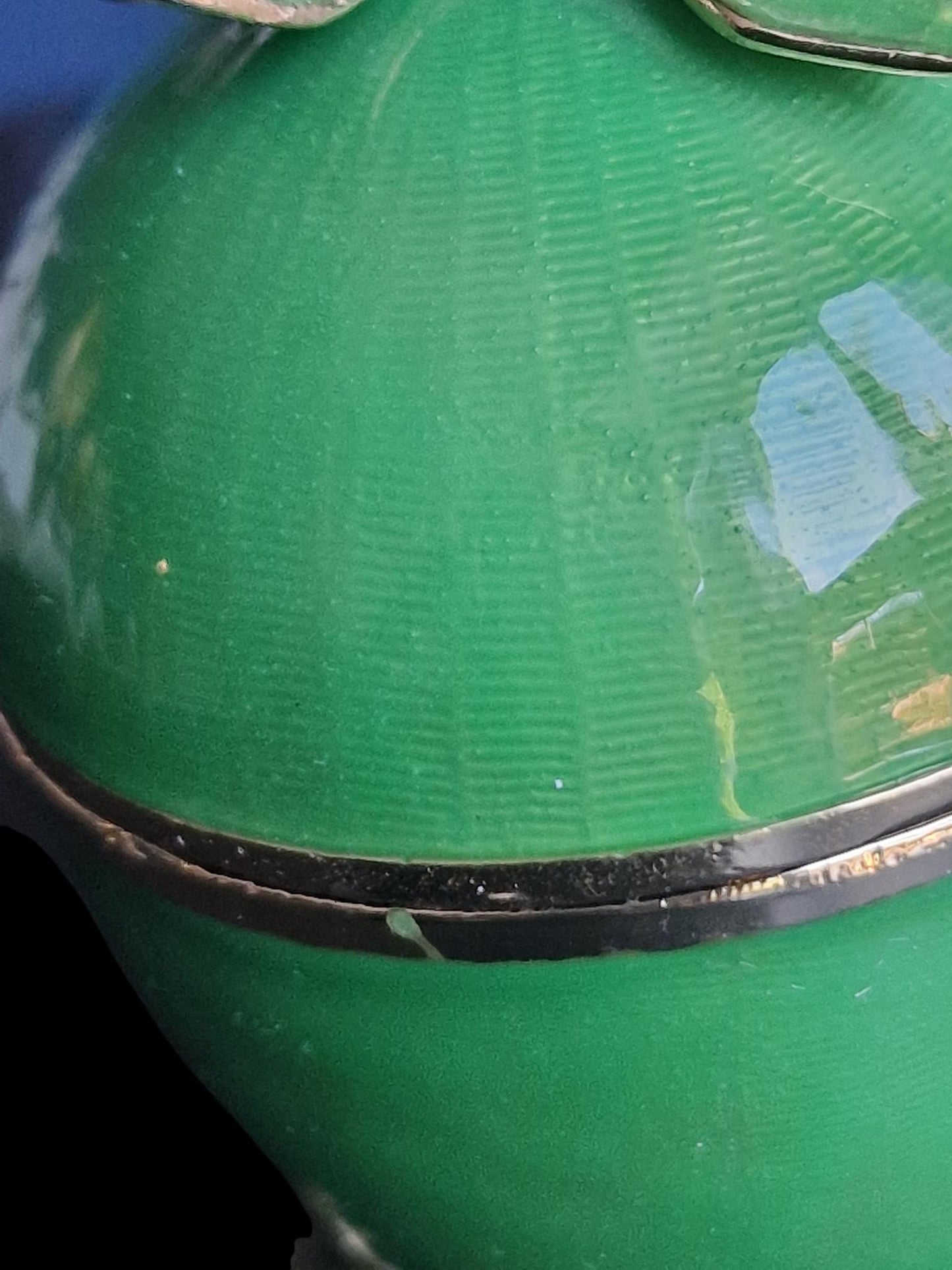 Guilloche Egg old vintage emerald green Trinket Box on stand. Inside ornament