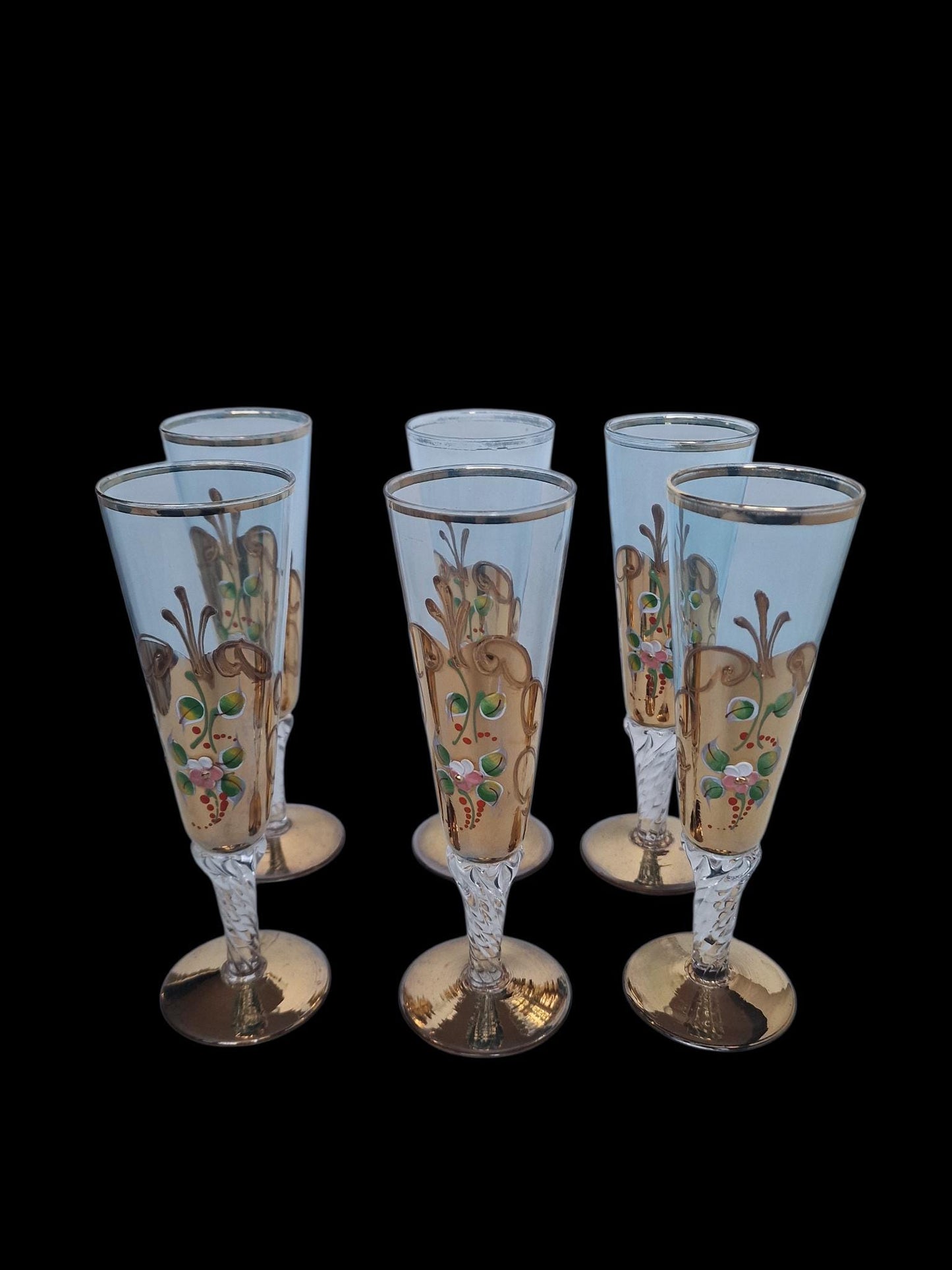Set of 6 Engraved Crystal Champagne Flutes, Gilded Murano Swirl Glass