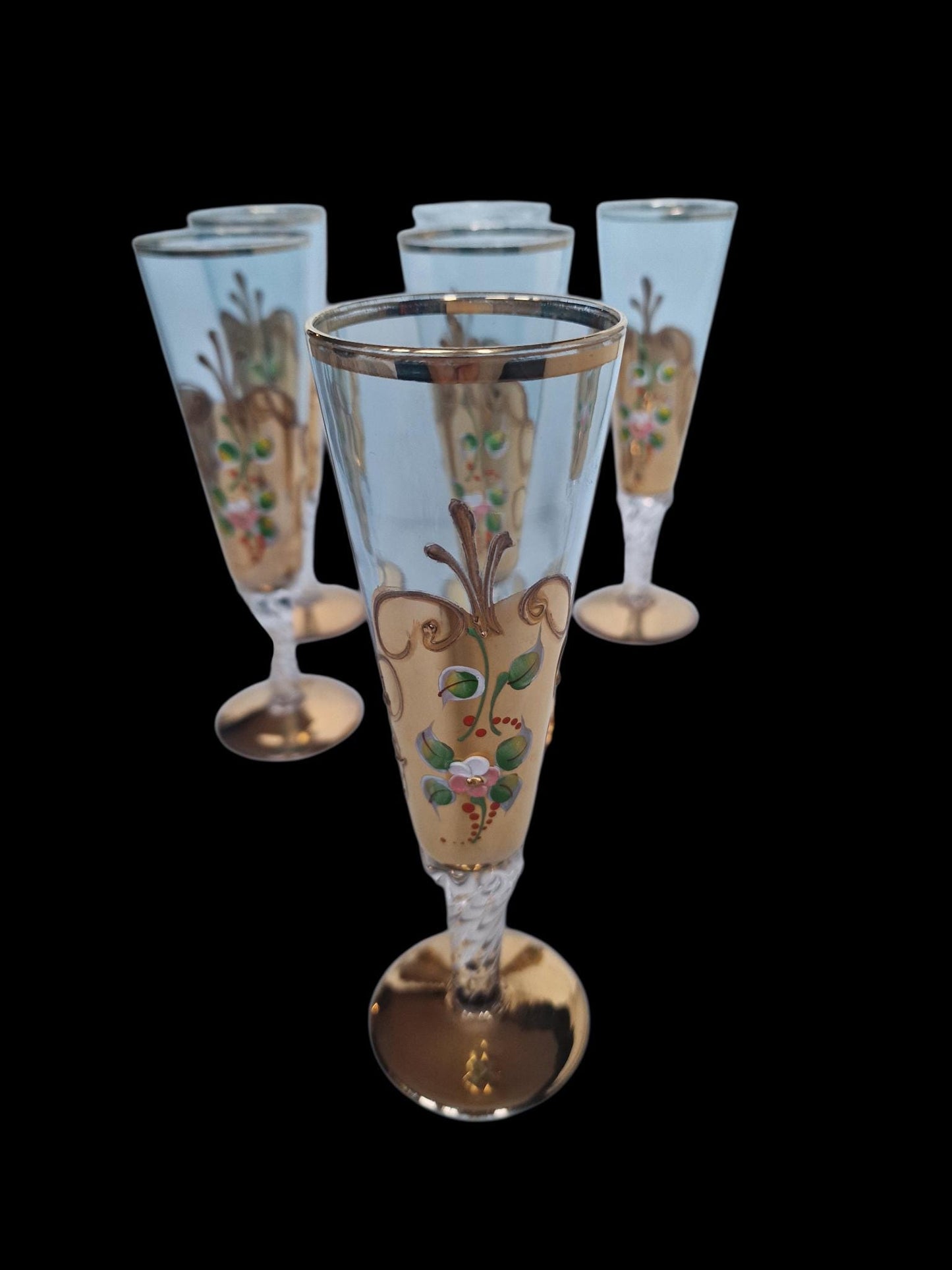 Set of 6 Engraved Crystal Champagne Flutes, Gilded Murano Swirl Glass