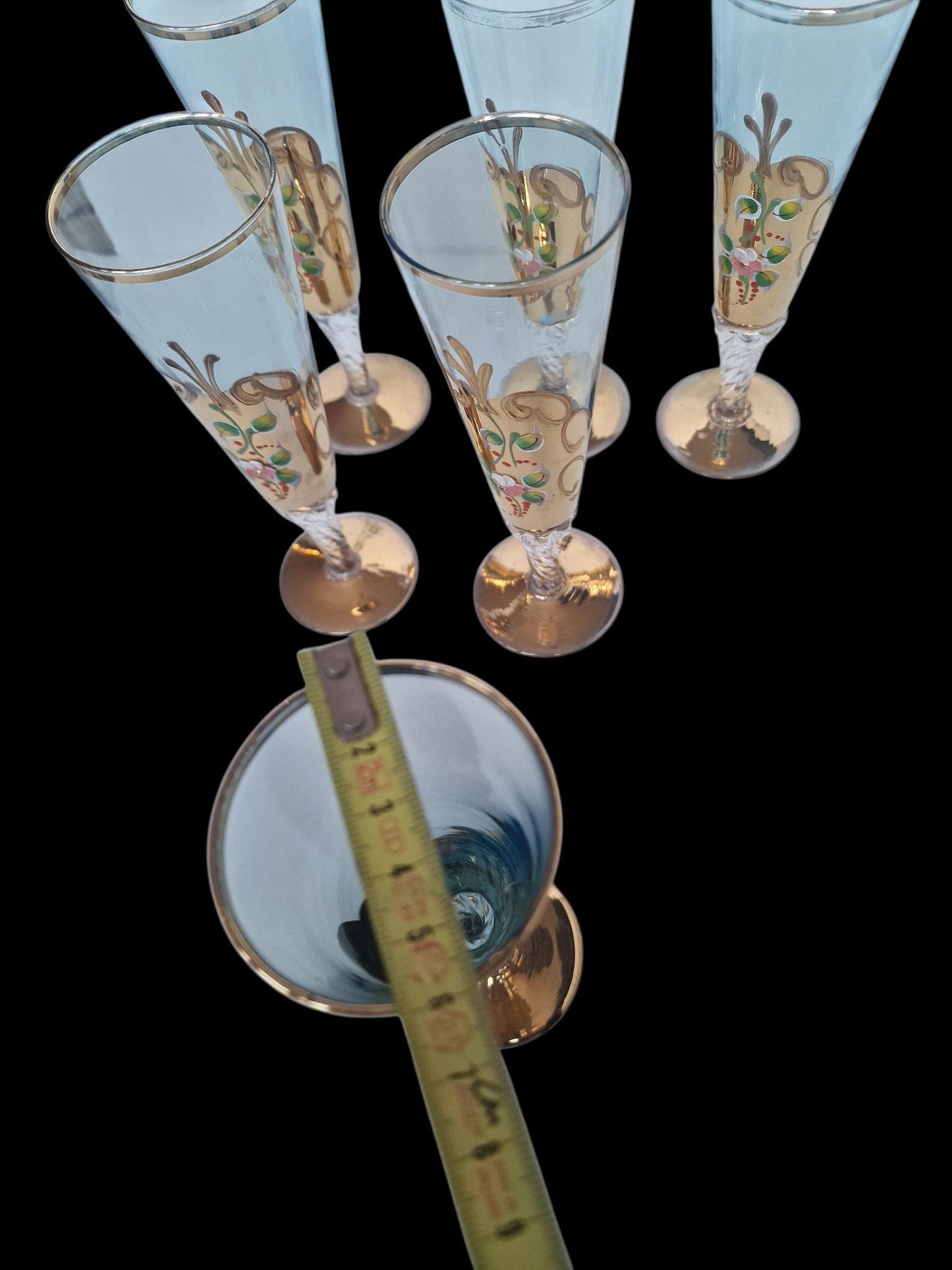 Set of 6 Engraved Crystal Champagne Flutes, Gilded Murano Swirl Glass