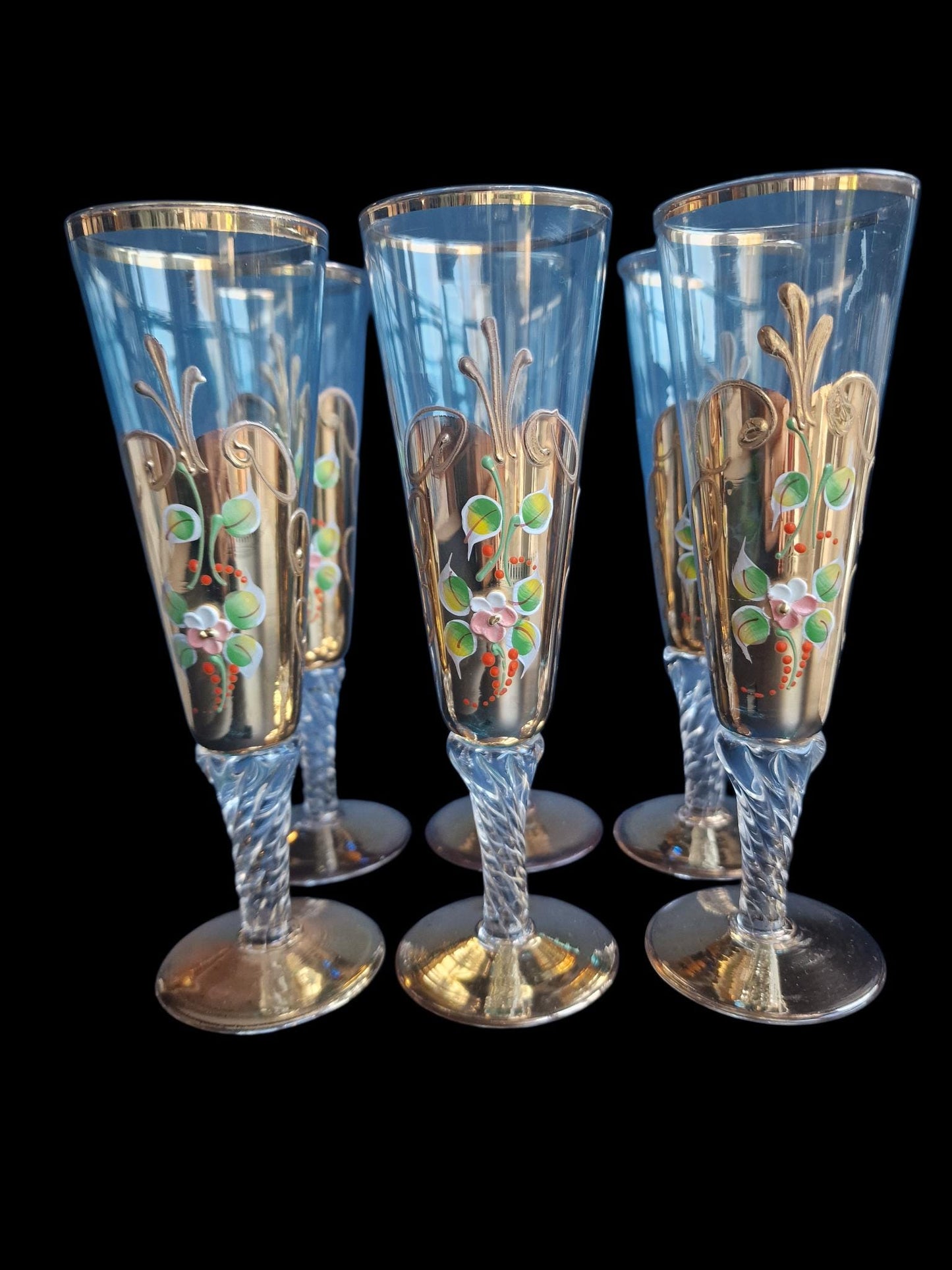 Set of 6 Engraved Crystal Champagne Flutes, Gilded Murano Swirl Glass