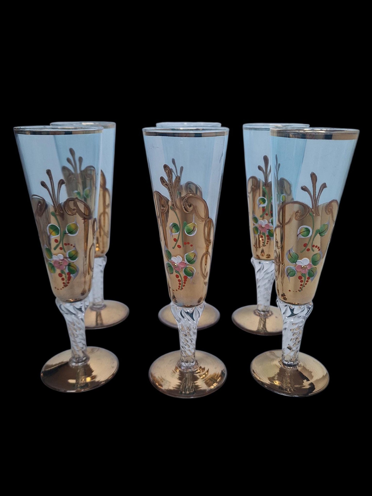 Set of 6 Engraved Crystal Champagne Flutes, Gilded Murano Swirl Glass
