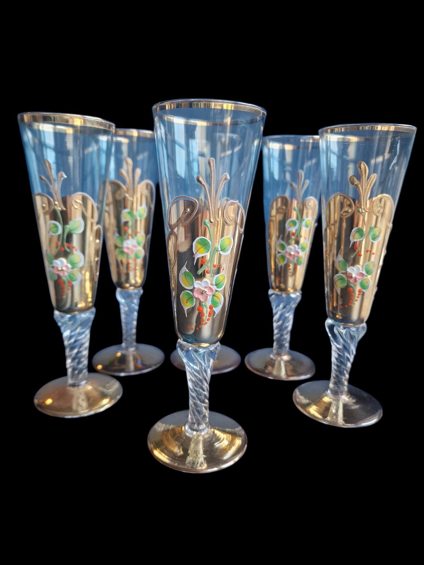 Set of 6 Engraved Crystal Champagne Flutes, Gilded Murano Swirl Glass