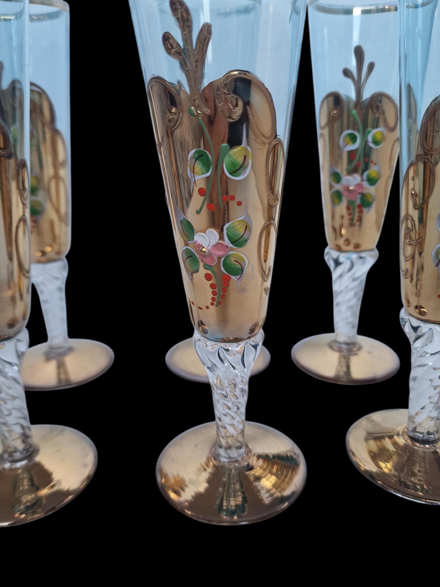 Set of 6 Engraved Crystal Champagne Flutes, Gilded Murano Swirl Glass