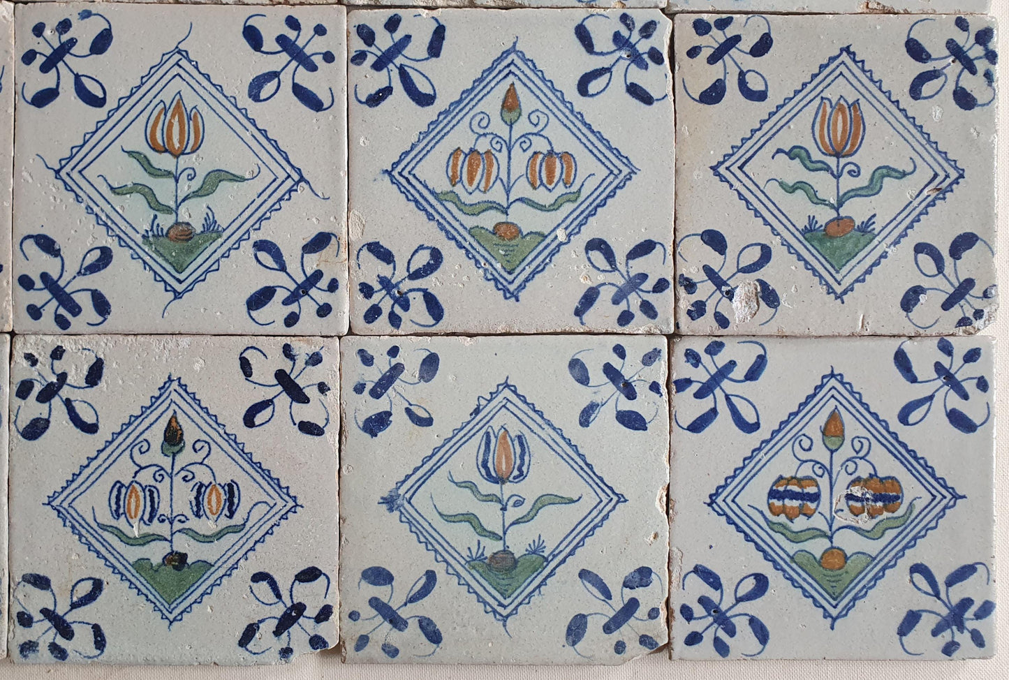 Antique Delft Tiles, 17th Century Dutch Polychrome Tulips, Kivits Flowers ,set of 20