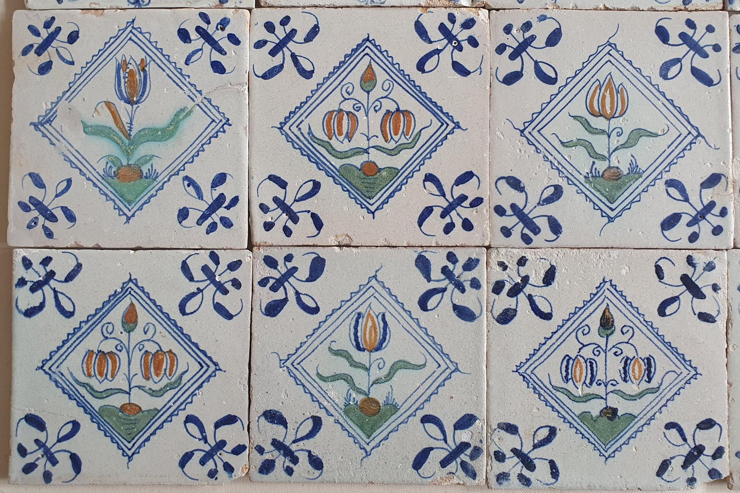 Antique Delft Tiles, 17th Century Dutch Polychrome Tulips, Kivits Flowers ,set of 20