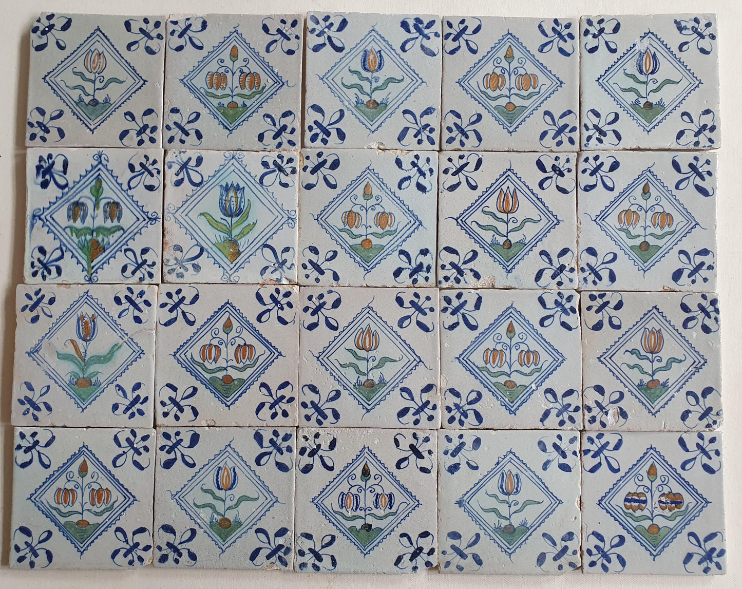 Antique Delft Tiles, 17th Century Dutch Polychrome Tulips, Kivits Flowers ,set of 20