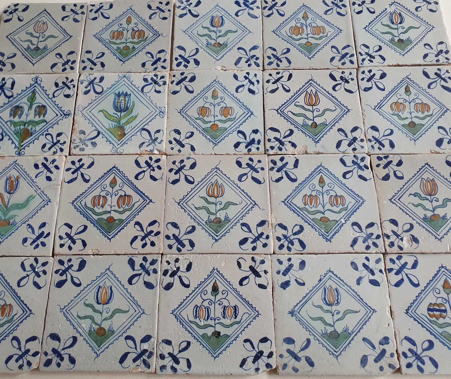 Antique Delft Tiles, 17th Century Dutch Polychrome Tulips, Kivits Flowers ,set of 20